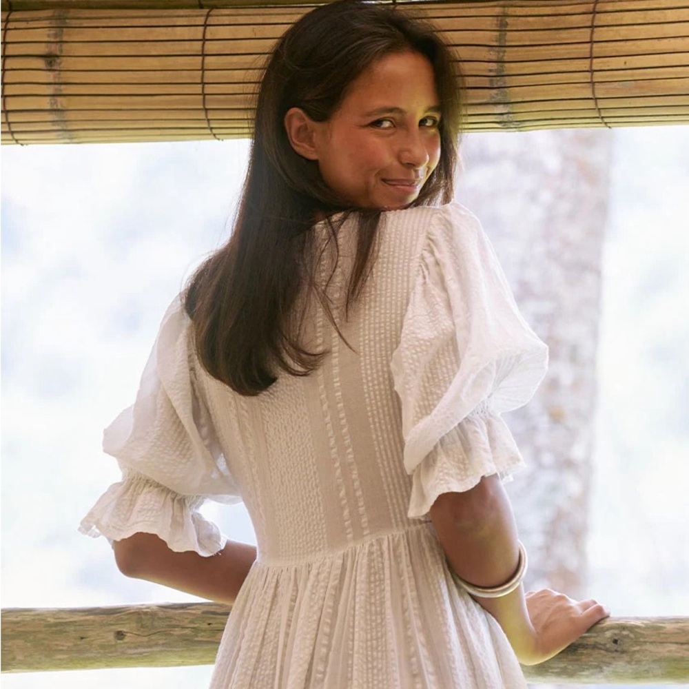 Daughters of India White Maxi Dress with Puff Sleeves